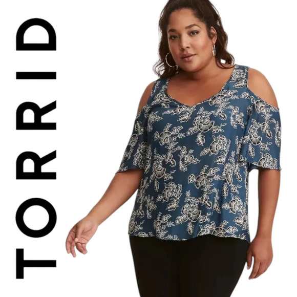 Torrid Teal Floral Print V-Neck Cold Shoulder Crepe Blouse Plus Size 1X - Picture 1 of 3